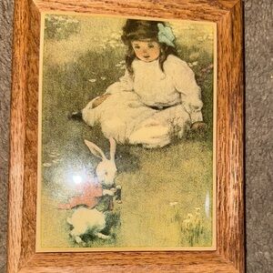 Vintage Style Framed Art with Girl and Rabbit - Brown Frame